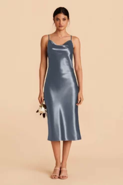 Lisa Shiny Satin Midi Dress - French Blue