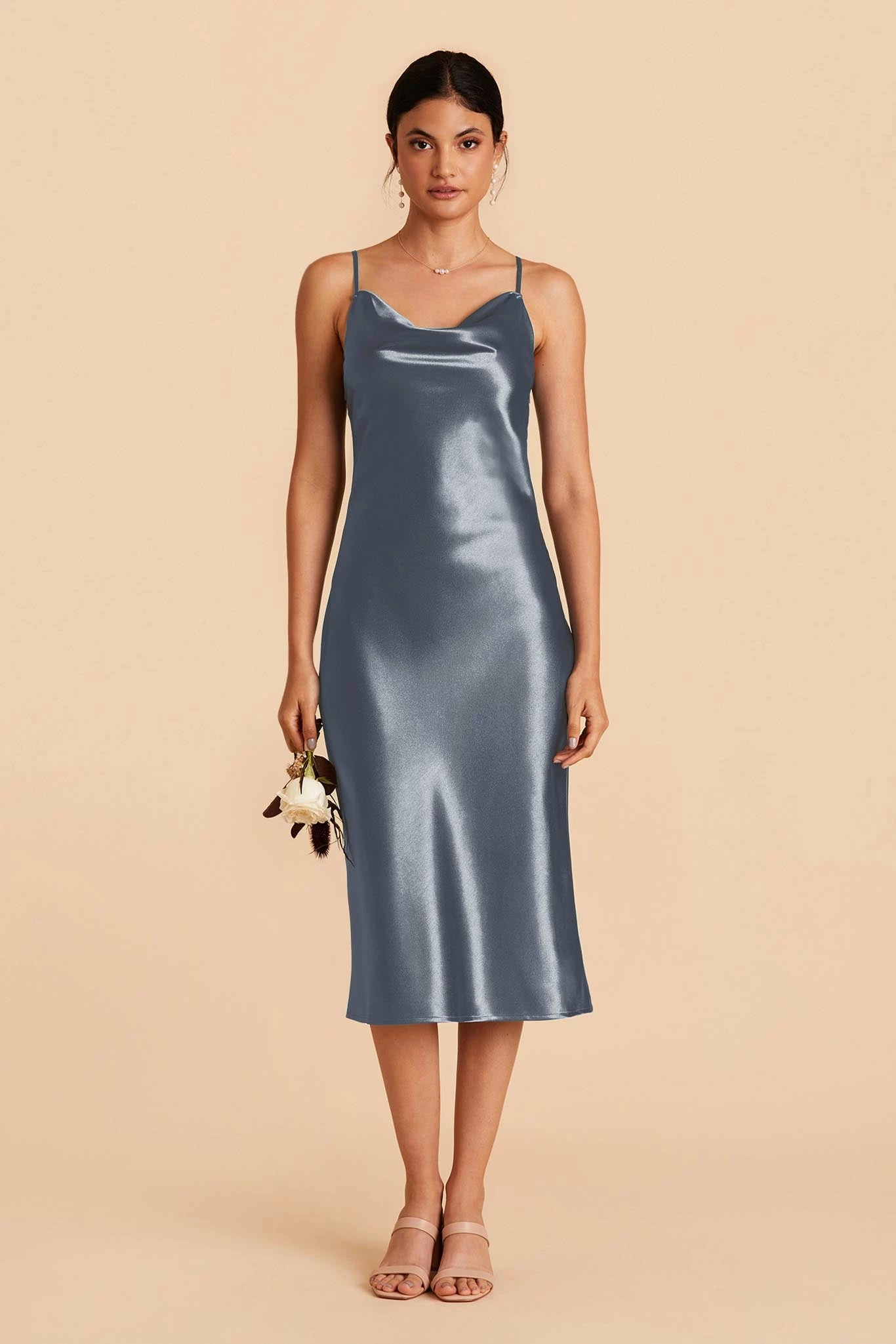 Lisa Shiny Satin Midi Dress - French Blue 1 Lisa Shiny Satin Midi Dress - French Blue