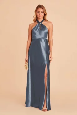 Monica Shiny Satin Dress - French Blue -US Skirt Sales 2024 french blue monica slit satin bridesmaid dress 02