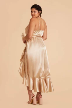 YC Shiny Satin Midi Dress - Gold -US Skirt Sales 2024 gold yc plus size satin bridesmaid dress 04
