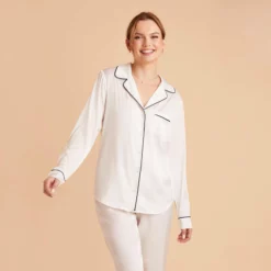 Jonny Long Sleeves And Pants Satin PJ Set - Ivory -US Skirt Sales 2024 ivory jonny satin long sleeve top bridesmaid pajamas 01 1