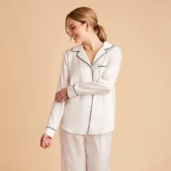 Jonny Satin Long Sleeve Pajama Top - Ivory -US Skirt Sales 2024 ivory jonny satin long sleeve top bridesmaid pajamas 02