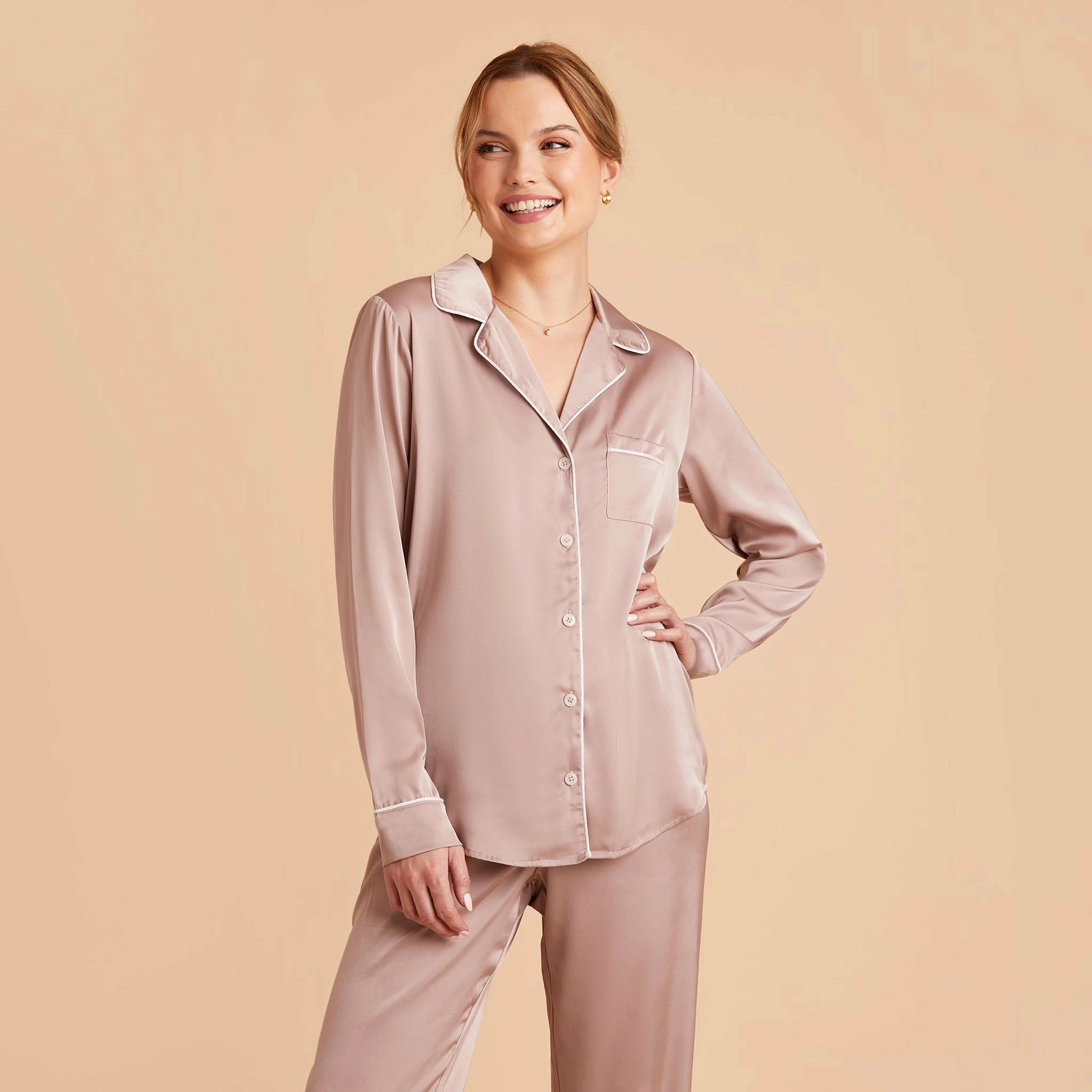 Jonny Long Sleeves And Pants Satin PJ Set - Mauve Taupe 5 Jonny Long Sleeves And Pants Satin PJ Set - Mauve Taupe - Image 5