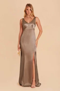 Gloria Shiny Satin Dress - Mocha