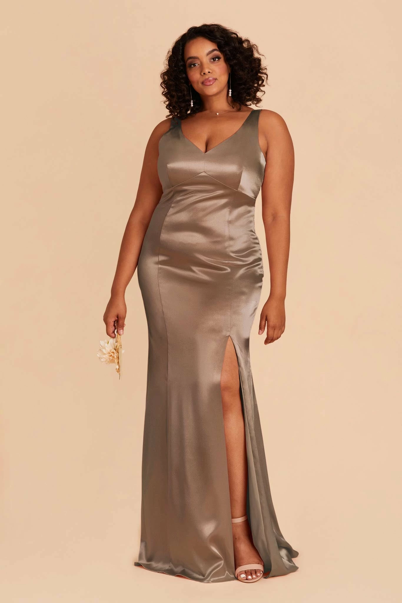 Gloria Shiny Satin Dress - Mocha - Image 2