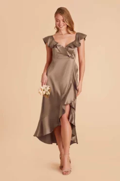 James Shiny Satin Midi Dress - Mocha