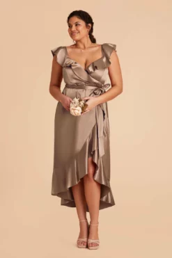 James Shiny Satin Midi Dress - Mocha -US Skirt Sales 2024 mocha james slit plus size bridesmaid dress 01