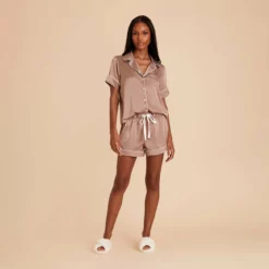 Jonny Satin Pajama Set - Mocha 13 Jonny Satin Pajama Set - Mocha -US Skirt Sales 2024 mocha jonny satin short sleeve bridesmaid pajamas set 01