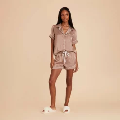Jonny Satin Pajama Set - Mocha 14 Jonny Satin Pajama Set - Mocha -US Skirt Sales 2024 mocha jonny satin short sleeve bridesmaid pajamas set 02