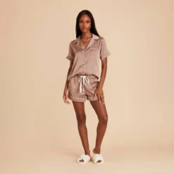 Jonny Satin Pajama Set - Mocha 16 Jonny Satin Pajama Set - Mocha -US Skirt Sales 2024 mocha jonny satin short sleeve bridesmaid pajamas set 05