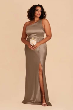 Kira Shiny Satin Dress - Mocha -US Skirt Sales 2024 mocha kira slit plus size bridesmaid dress 02