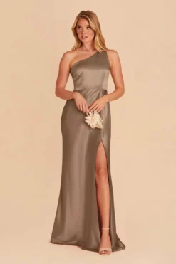 Kira Shiny Satin Dress - Mocha -US Skirt Sales 2024 mocha kira slit satin bridesmaid dress 01
