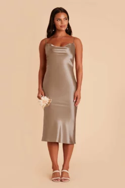 Lisa Shiny Satin Midi Dress - Mocha -US Skirt Sales 2024 mocha lisa midi satin bridesmaid dress 01