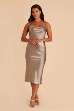Lisa Shiny Satin Midi Dress - Mocha