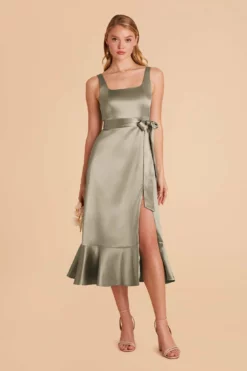 Eugenia Shiny Satin Convertible Midi Dress - Moss Green