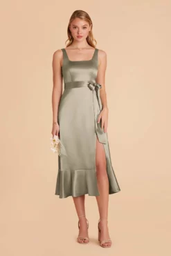 Eugenia Shiny Satin Convertible Midi Dress - Moss Green -US Skirt Sales 2024 moss green eugenia convertible satin bridesmaid dress 04