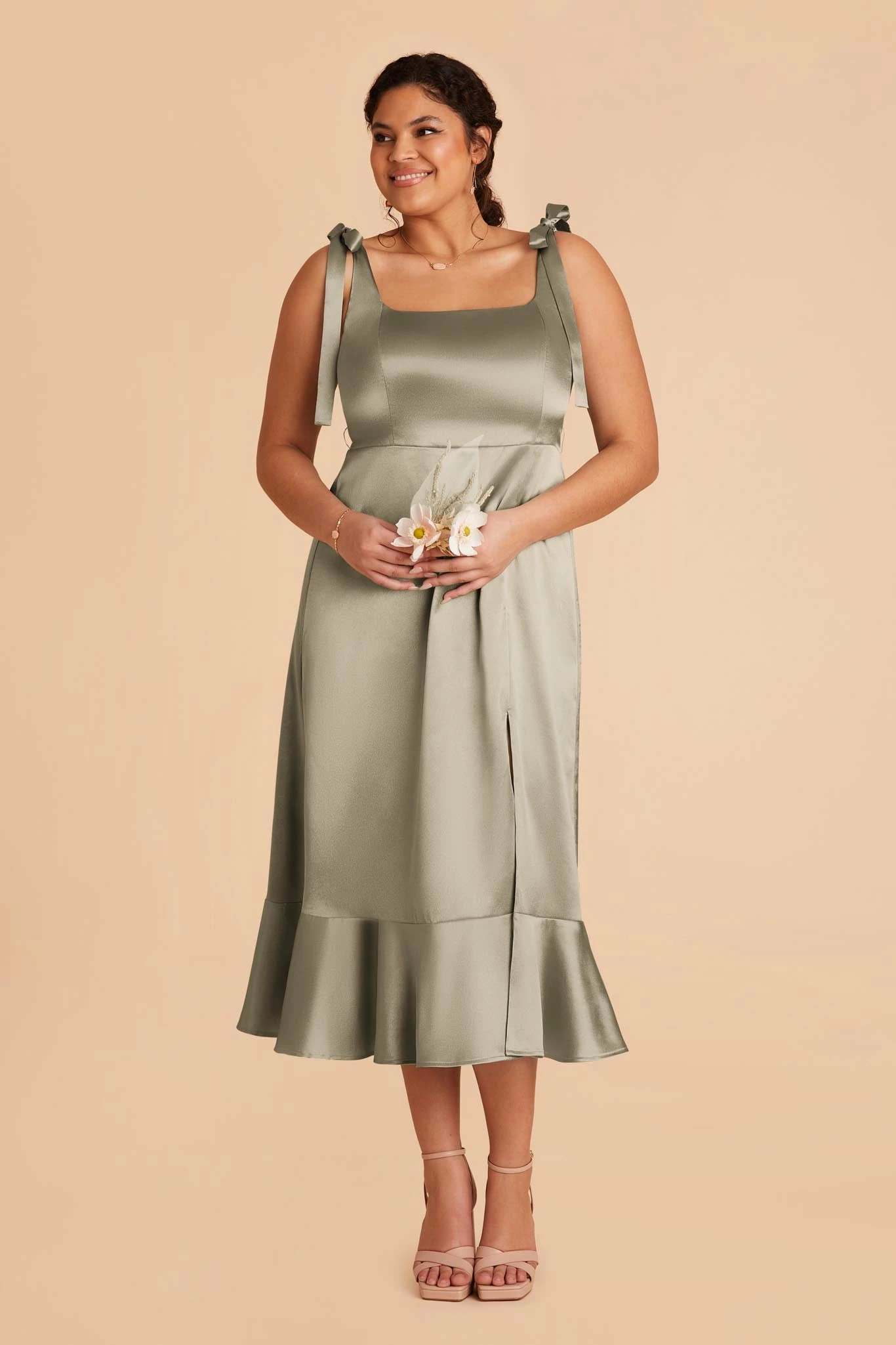 Eugenia Shiny Satin Convertible Midi Dress - Moss Green - Image 7