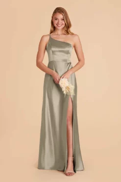 Kensie Shiny Satin Dress - Moss Green -US Skirt Sales 2024 moss green kensie satin bridesmaid dress 01