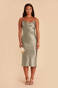 Lisa Shiny Satin Midi Dress - Moss Green -US Skirt Sales 2024 moss green lisa midi satin bridesmaid dress 01