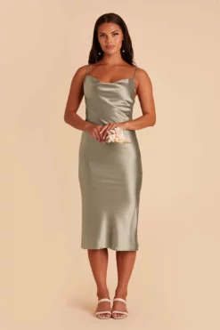 Lisa Shiny Satin Midi Dress - Moss Green
