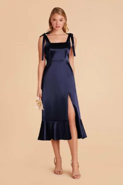 Eugenia Shiny Satin Convertible Midi Dress - Navy -US Skirt Sales 2024 navy eugenia convertible satin bridesmaid dress 01