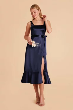 Eugenia Shiny Satin Convertible Midi Dress - Navy -US Skirt Sales 2024 navy eugenia convertible satin bridesmaid dress 04