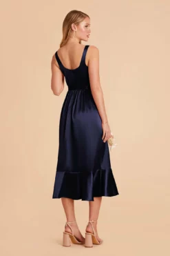 Eugenia Shiny Satin Convertible Midi Dress - Navy -US Skirt Sales 2024 navy eugenia convertible satin bridesmaid dress 05