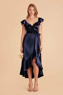 James Shiny Satin Midi Dress - Navy -US Skirt Sales 2024 navy james satin bridesmaid dress 01