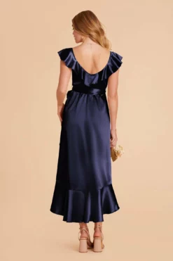 James Shiny Satin Midi Dress - Navy -US Skirt Sales 2024 navy james satin bridesmaid dress 04