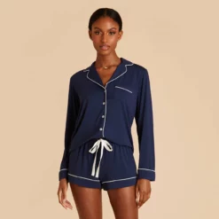 Jonny Long Sleeve Pajama Set - Navy -US Skirt Sales 2024 navy jonny long sleeve shorts set bridesmaid pajamas 02