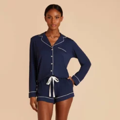 Jonny Long Sleeve Pajama Set - Navy -US Skirt Sales 2024 navy jonny long sleeve shorts set bridesmaid pajamas 03