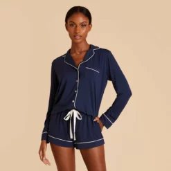 Jonny Long Sleeve Pajama Set - Navy -US Skirt Sales 2024 navy jonny long sleeve shorts set bridesmaid pajamas 04