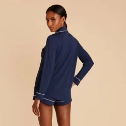 Jonny Long Sleeve Pajama Set - Navy -US Skirt Sales 2024 navy jonny long sleeve shorts set bridesmaid pajamas 05