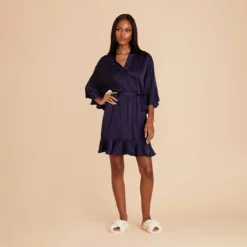 Kenny Ruffle Satin Robe - Navy