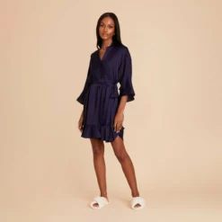 Kenny Ruffle Satin Robe - Navy -US Skirt Sales 2024 navy kenny satin ruffle bridesmaid robe 03