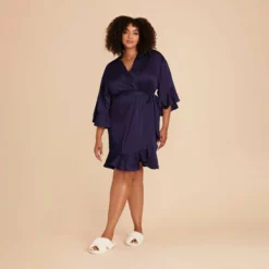 Kenny Ruffle Satin Robe - Navy -US Skirt Sales 2024 navy kenny satin ruffle plus size bridesmaid robe 01