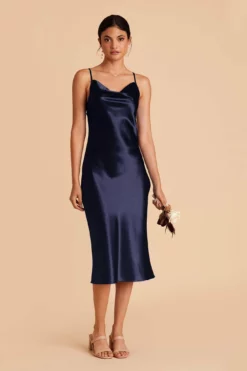 Lisa Shiny Satin Midi Dress - Navy