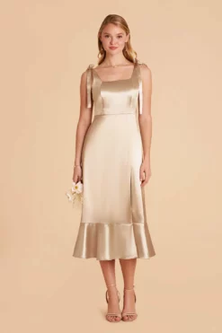 Eugenia Shiny Satin Convertible Midi Dress - Neutral Champagne -US Skirt Sales 2024 neutral champagne eugenia convertible satin bridesmaid dress 01