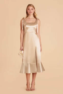 Eugenia Shiny Satin Convertible Midi Dress - Neutral Champagne -US Skirt Sales 2024 neutral champagne eugenia convertible satin bridesmaid dress 02