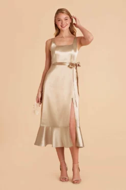 Eugenia Shiny Satin Convertible Midi Dress - Neutral Champagne