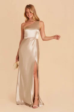 Kira Shiny Satin Dress - Neutral Champagne -US Skirt Sales 2024 neutral champagne kira satin slit bridesmaid dress 02