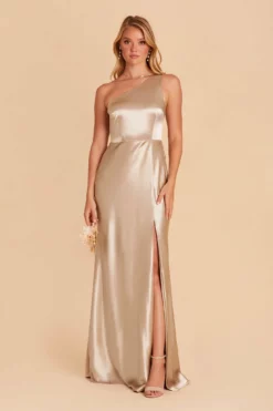 Kira Shiny Satin Dress - Neutral Champagne -US Skirt Sales 2024 neutral champagne kira satin slit bridesmaid dress 03