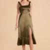Eugenia Shiny Satin Convertible Midi Dress - Olive