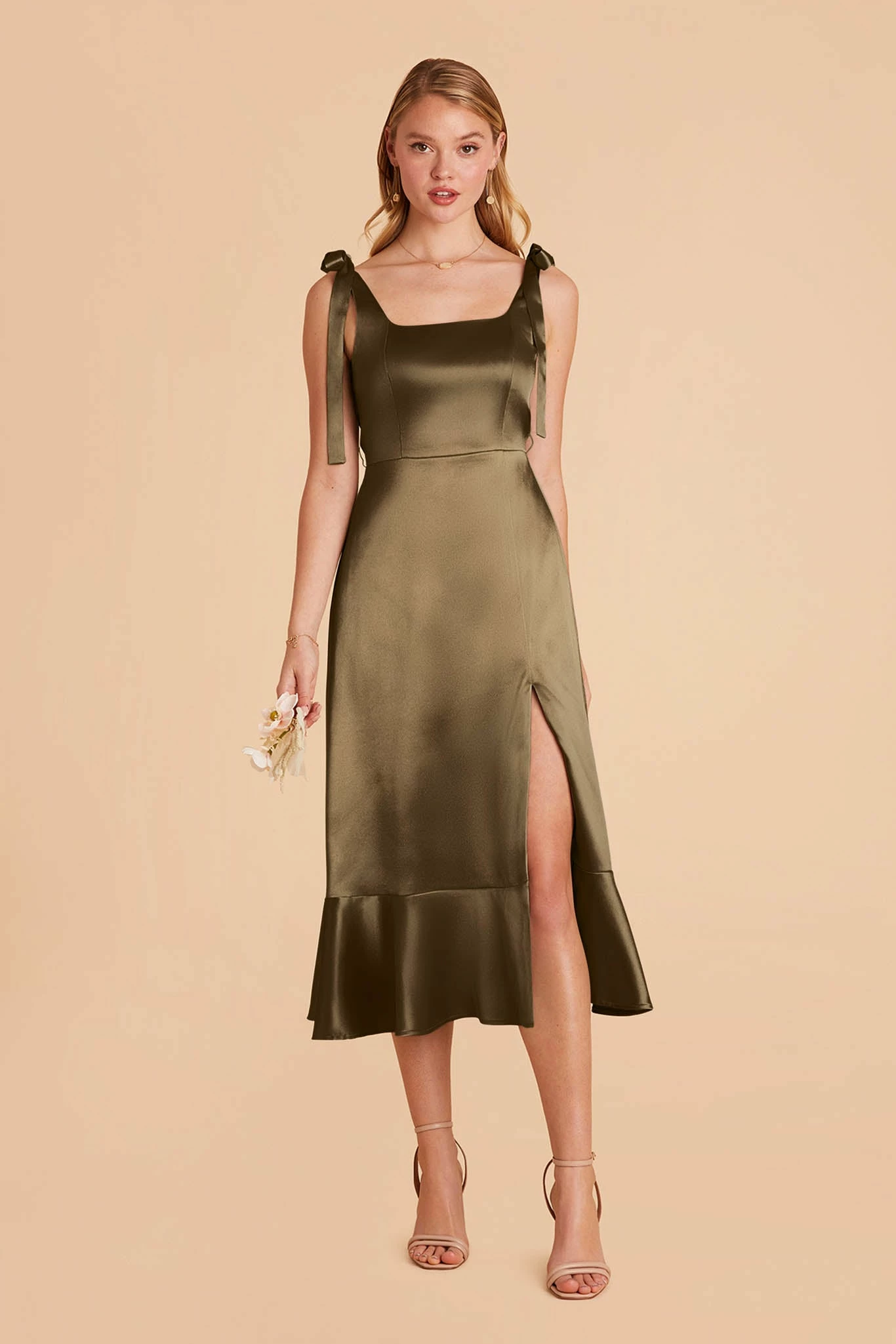 Eugenia Shiny Satin Convertible Midi Dress - Olive 1 Eugenia Shiny Satin Convertible Midi Dress - Olive