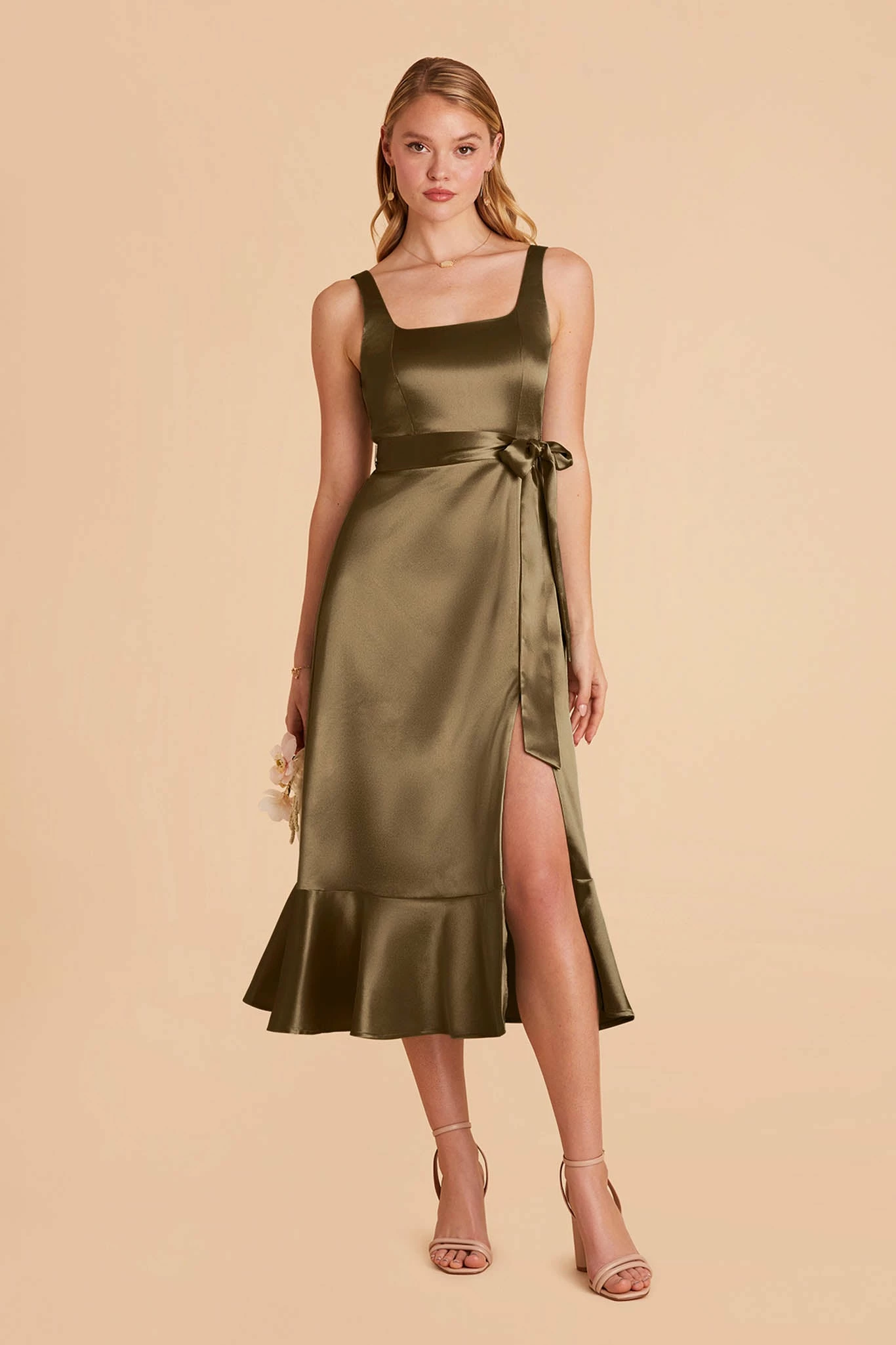 Eugenia Shiny Satin Convertible Midi Dress - Olive 4 Eugenia Shiny Satin Convertible Midi Dress - Olive - Image 4