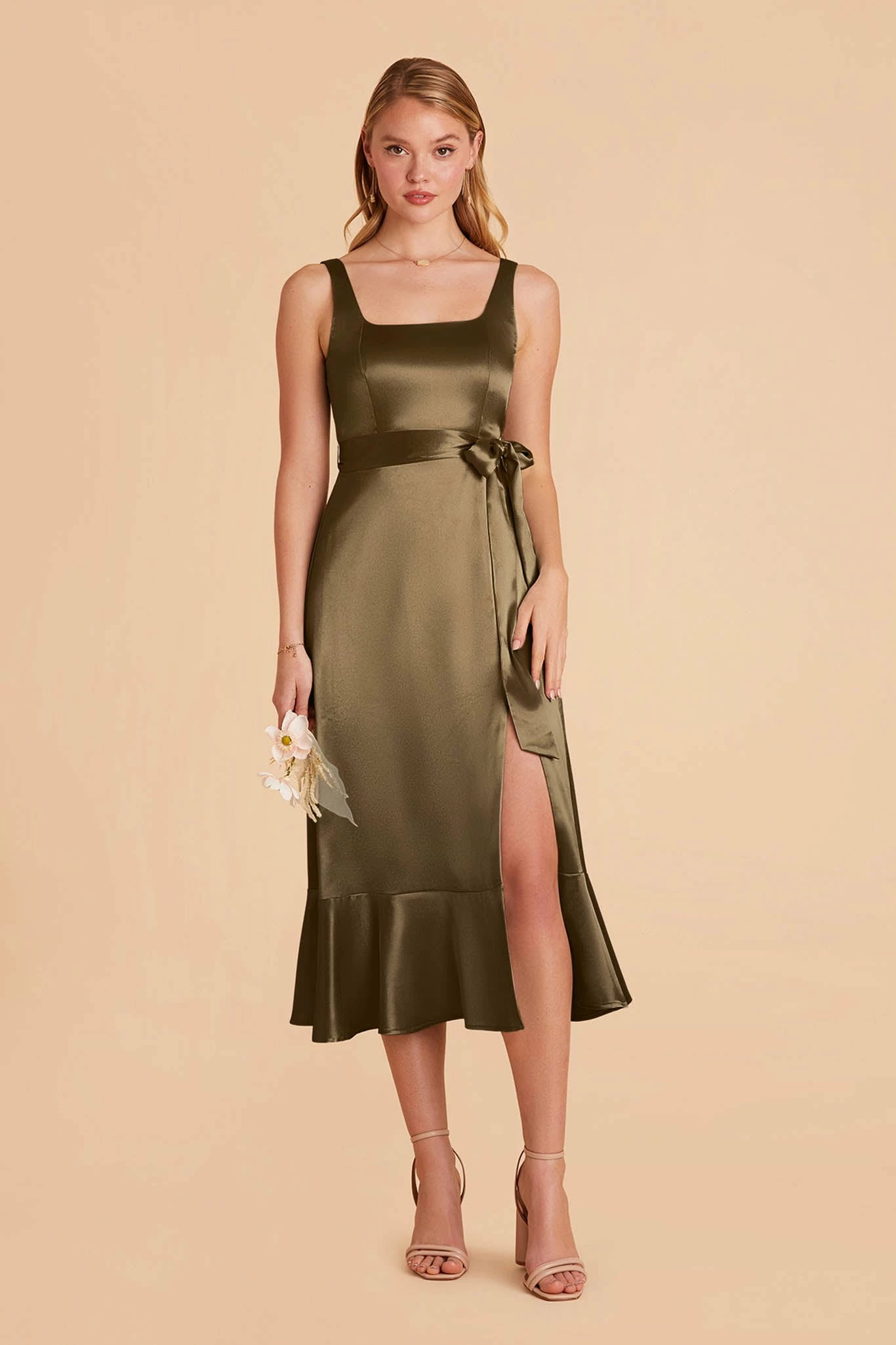 Eugenia Shiny Satin Convertible Midi Dress - Olive 5 Eugenia Shiny Satin Convertible Midi Dress - Olive - Image 5