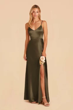 Jay Shiny Satin Dress - Olive -US Skirt Sales 2024 olive jay satin bridesmaid dress 01 1