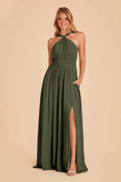 Kiko Chiffon Dress - Olive -US Skirt Sales 2024 olive kiko convertible slit bridesmaid dress 01