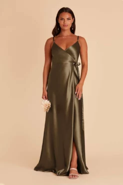 Cindy Shiny Satin Dress - Olive -US Skirt Sales 2024 olive satin convertible bridesmaid dress 03
