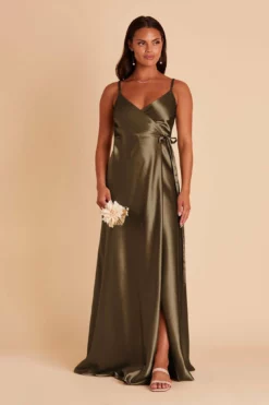 Cindy Shiny Satin Dress - Olive -US Skirt Sales 2024 olive satin convertible bridesmaid dress 04